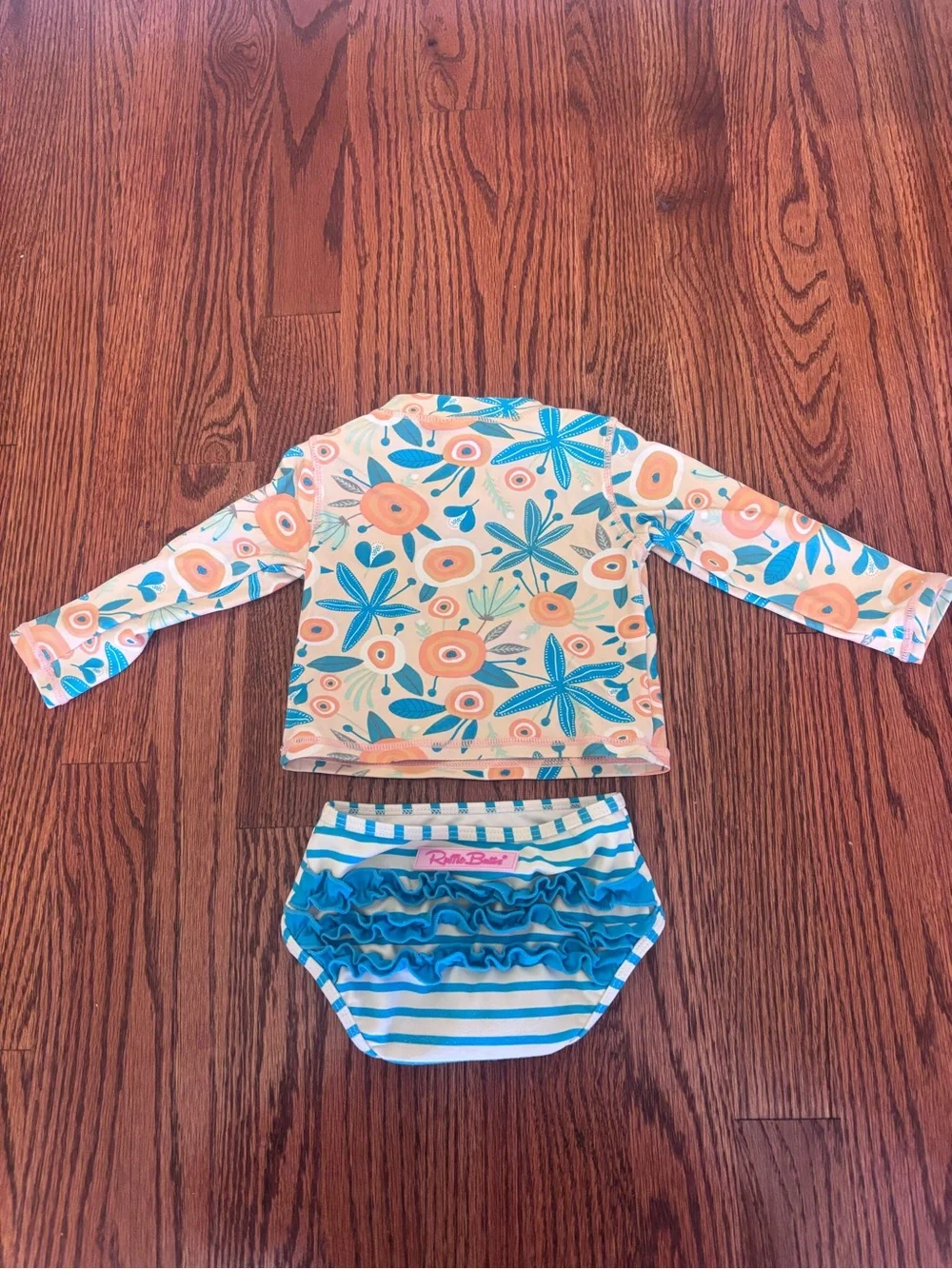 Ruffle Butts Peach & Teal Floral Long-Sleeve Rashguard Set